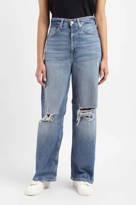 Medium Blue Solid Full Length High Rise Casual Women Loose Fit Jeans